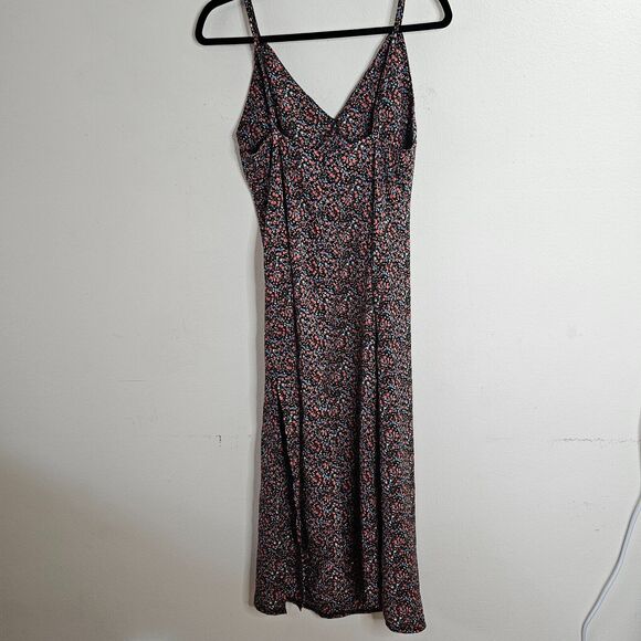 Polly Black Pink Blue Floral Print VNeck Spaghetti Strap Side Slit Dress 6 - Picture 7 of 10